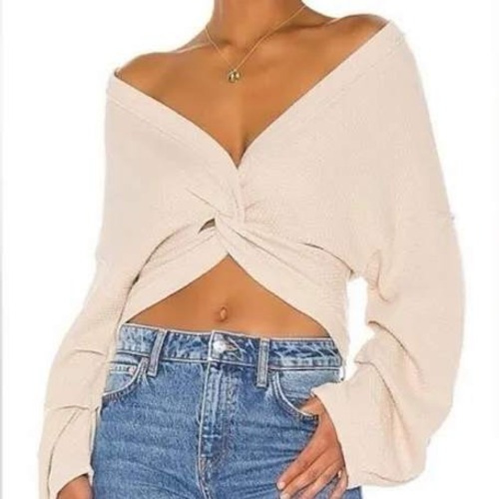 Free People Women Top XS Beige We The Free Twist Front Thermal Waffle Knit